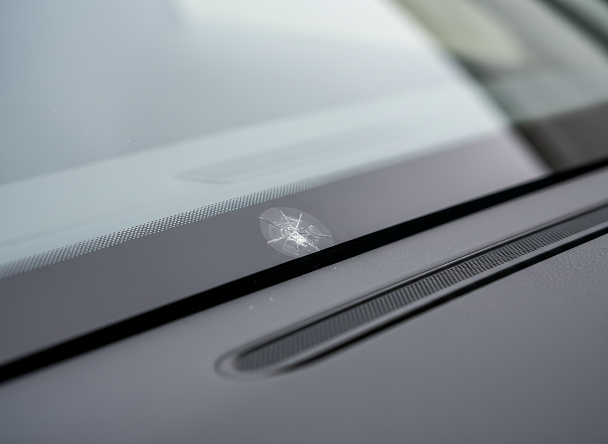 A close-up, highly detailed view of a small rock chip on a car windshield that has just been precisely repaired, the resin fill barely visible against the surrounding glass. The windshield stretches diagonally across the frame, with the vehicle’s dashboard only faintly visible and softly blurred below. Overcast daylight creates diffused, reflection-free lighting that reveals the smooth, even surface of the repair. The atmosphere is technical and meticulous, emphasizing precision and quality. Captured from a slightly elevated macro perspective with shallow depth of field, the repaired area is perfectly in focus while the edges gently fall off into soft blur, in a realistic, clinical photographic style ideal for illustrating professional chip repair services.