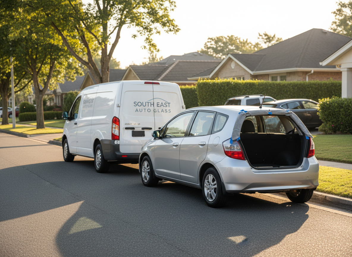 A professional mobile auto glass service van with a clean, white exterior and subtle branding for South East Auto Glass on the side, parked neatly on a quiet residential street beside a compact hatchback with a missing rear window. The hatchback’s rear opening is carefully taped and prepared for installation, with neat protective coverings around the frame. Soft morning light illuminates the scene, creating gentle reflections on the van’s windows and subtle shadows along the pavement. The mood is dependable and efficient. Photographed from a slightly elevated three-quarter street view, with the focus on the two vehicles and surrounding neighborhood softly blurred, in a crisp, documentary-style photographic realism ideal for showcasing mobile service capability without any people present.