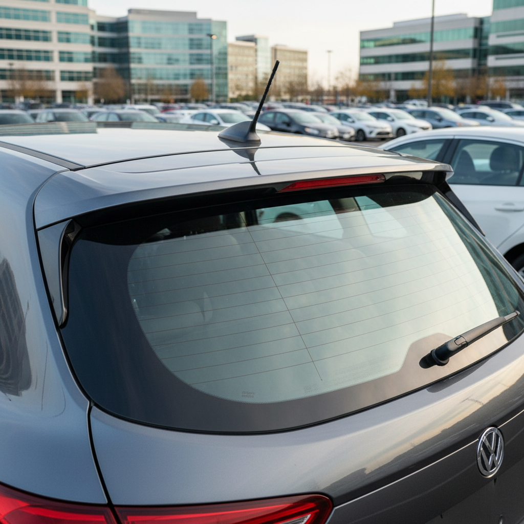 A compact SUV parked in a corporate office parking lot, highlighting a freshly replaced rear windshield with integrated defroster lines and a clean, perfectly centered high-mounted brake light. The glass surface reflects the subtle shapes of nearby buildings and a pale sky, emphasizing its smooth, unblemished finish. Surrounding cars and office structures are softly out of focus, suggesting a busy professional environment. Late afternoon light creates a cool, balanced illumination with gentle shadows under the vehicle. The atmosphere is trustworthy and businesslike. Captured from a slightly low rear three-quarter angle to emphasize the rear glass, in a modern, realistic photographic style suitable for showcasing fleet or corporate mobile auto glass services.