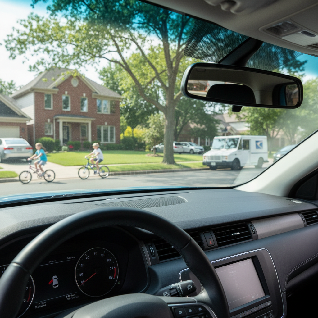 The interior of a vehicle viewed from the driver’s seat, focusing on a completely clear, streak-free windshield framing a crisp suburban street scene beyond. The dashboard and steering wheel occupy the lower portion of the frame in soft focus, while the upper area showcases the perfect transparency and subtle factory tint at the top edge of the glass. Bright but diffused daylight creates a clean, glare-controlled environment, with soft reflections hinting at the sky. The mood is safe, composed, and professional, emphasizing visibility and craftsmanship. Captured at true eye level with a wide-angle lens that shows the full windshield curvature, in a realistic, automotive brochure-style photographic aesthetic suited for emphasizing safety and clarity.