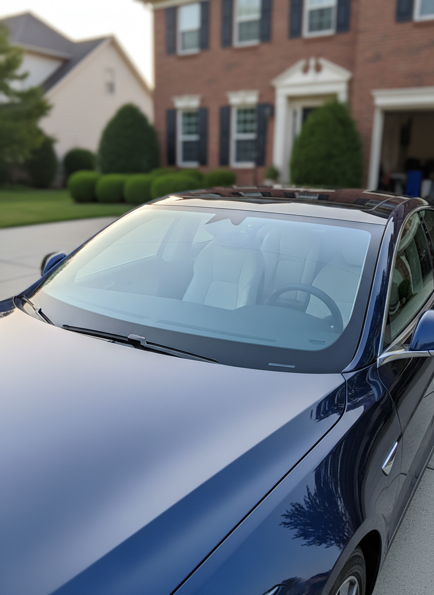 A gleaming late-model sedan with perfectly clear, newly installed windshield glass, every edge precisely aligned with the body panels. The vehicle is parked in a clean suburban driveway, with a neat brick home and trimmed hedges softly blurred in the background. Late afternoon natural light creates crisp reflections across the glass surface, emphasizing its flawless transparency and subtle bluish tint. The mood is professional and reassuring, suggesting expert workmanship and safety. Photographed at eye level from the front three-quarter angle with sharp focus on the windshield and a gentle background bokeh, in a clean, modern photographic realism style suitable for an auto glass business homepage hero image.