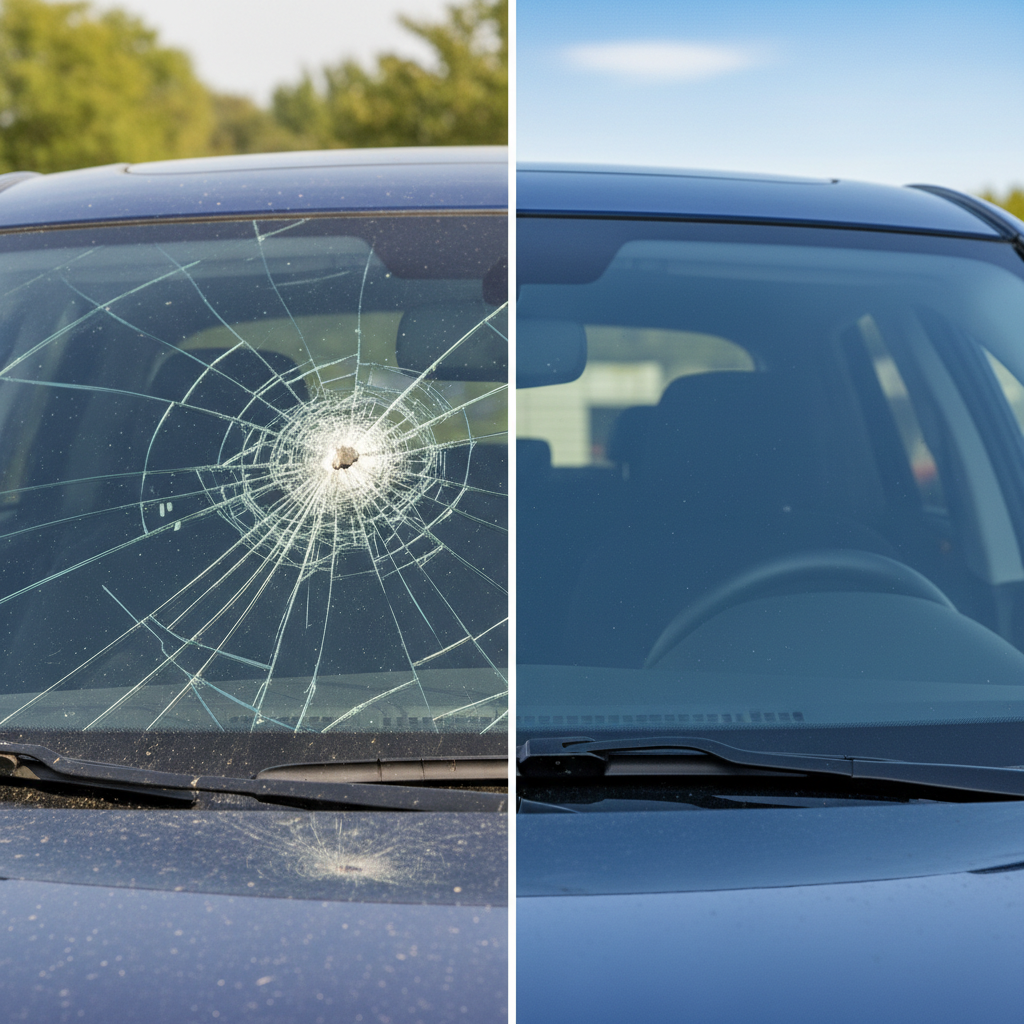 A visually dramatic before-and-after style composition of a vehicle windshield, divided vertically down the center. On the left side, the glass shows multiple cracks radiating from a rock impact point, with light catching each fracture line. On the right side, the same area is perfectly smooth, showcasing a new, flawless windshield with crisp reflections of a blue sky. The car’s hood and wipers anchor the bottom of the frame, while the background remains softly blurred. Neutral, even daylight ensures both sides are clearly visible without harsh shadows. The mood is confident and solution-focused. Photographed straight on at eye level, with sharp detail across the entire frame, in a clean, realistic style ideal for communicating the benefits of professional replacement.