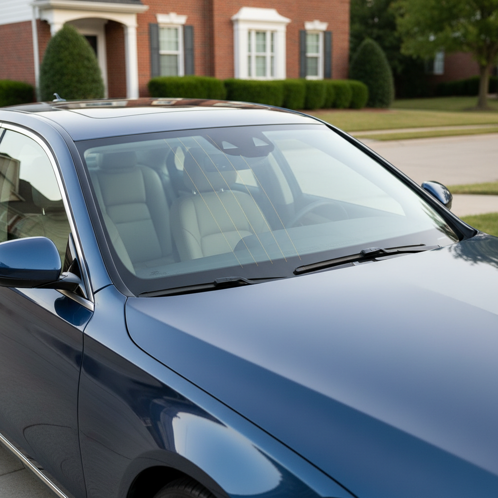 A gleaming late-model sedan with perfectly clear, newly installed windshield glass, every edge precisely aligned with the body panels. The vehicle is parked in a clean suburban driveway, with a neat brick home and trimmed hedges softly blurred in the background. Late afternoon natural light creates crisp reflections across the glass surface, emphasizing its flawless transparency and subtle bluish tint. The mood is professional and reassuring, suggesting expert workmanship and safety. Photographed at eye level from the front three-quarter angle with sharp focus on the windshield and a gentle background bokeh, in a clean, modern photographic realism style suitable for an auto glass business homepage hero image.
