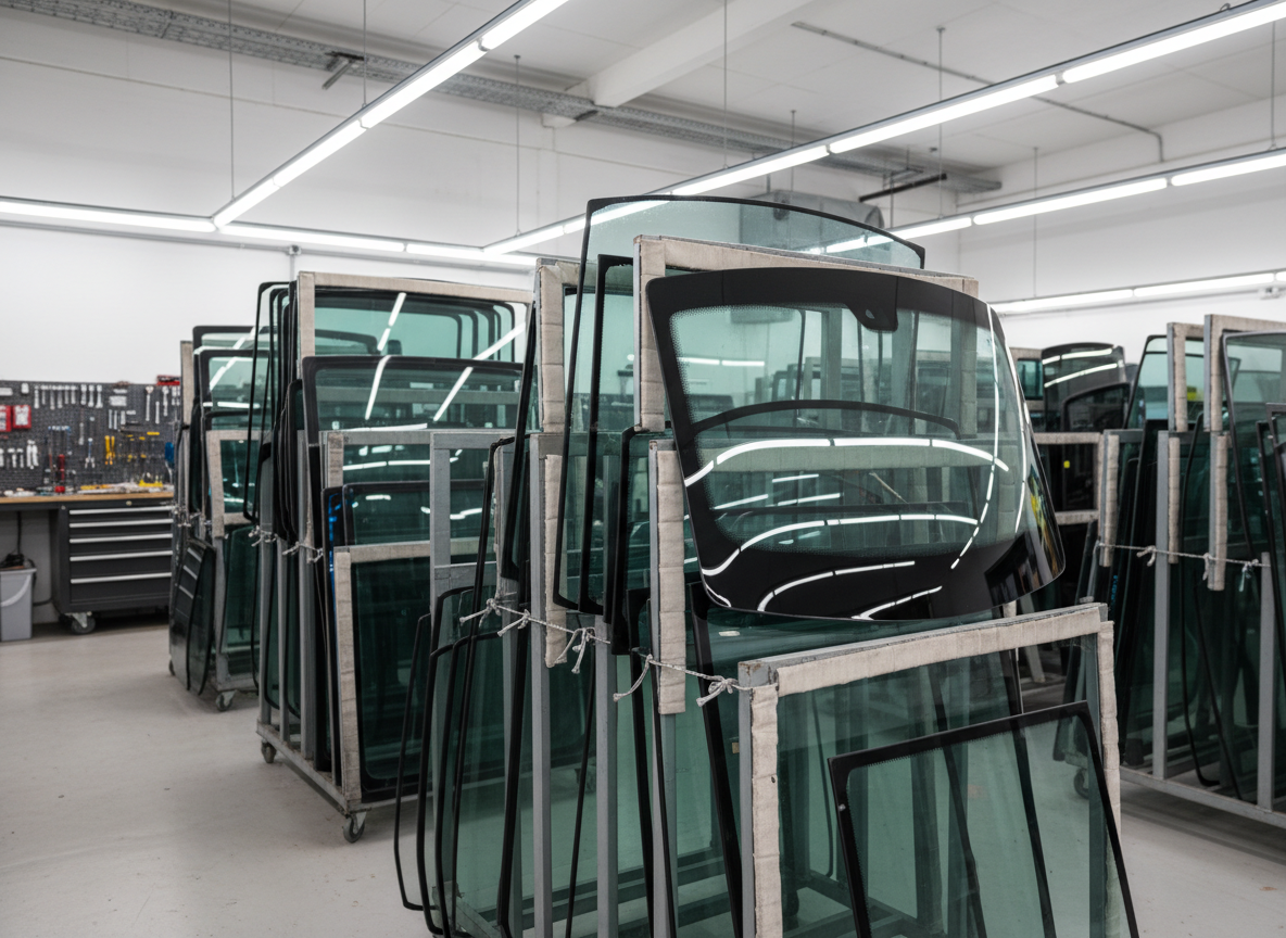 An orderly display of various auto glass panels—including a curved windshield, side windows, and a rear hatch glass—standing upright in padded metal racks inside a tidy workshop. Each piece of glass shows different factory tint levels, subtle green and blue edges, and integrated black ceramic frit borders. Overhead LED shop lighting casts even, neutral illumination, creating clean reflections that accentuate the smooth surfaces without harsh glare. The concrete floor and neatly arranged tools in the softly blurred background add a professional, technical atmosphere. Shot at eye level with a moderate depth of field so the front glass panels are sharply defined while the back recede into gentle blur, in a modern, realistic photographic style perfect for a services or materials quality page.